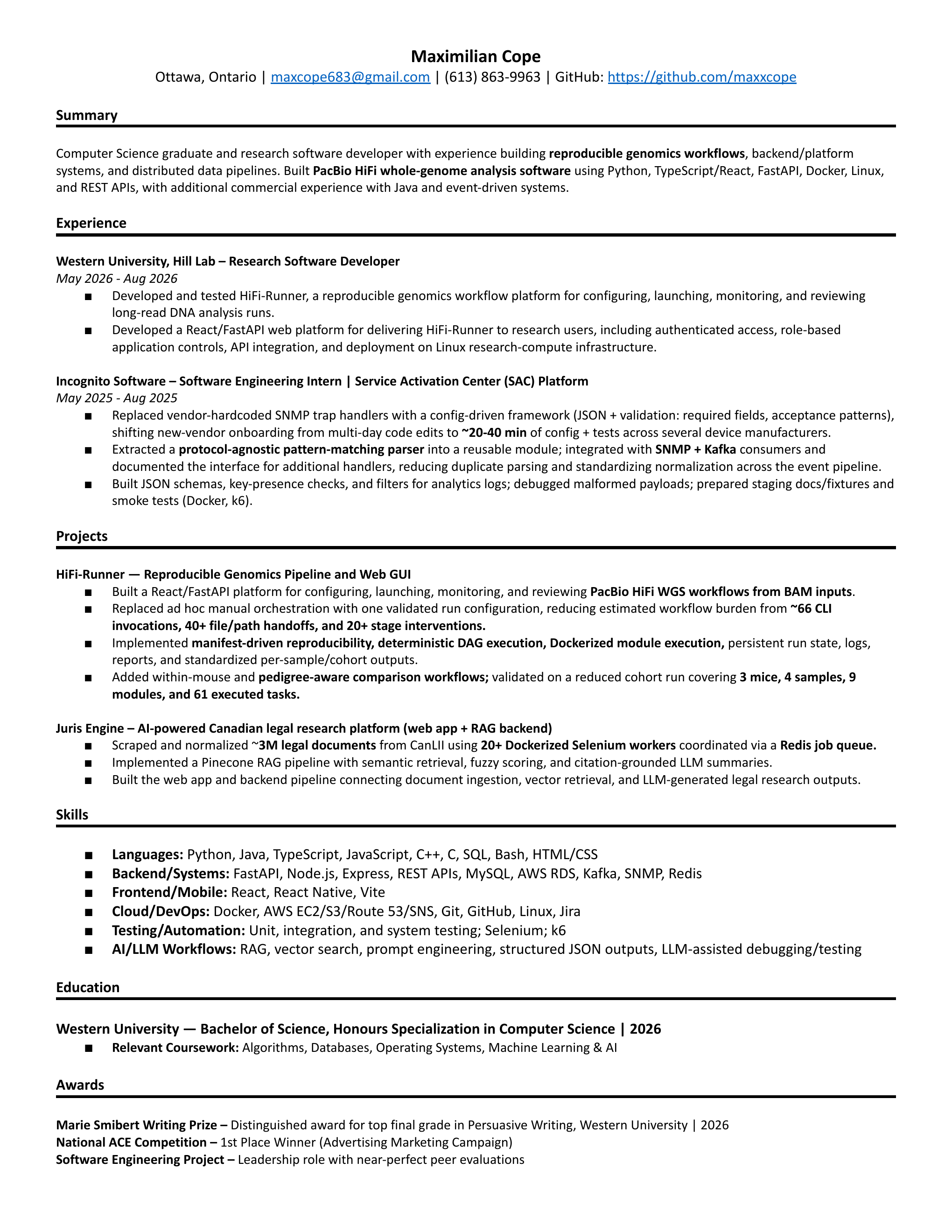 Maximilian Cope’s resume, page 1